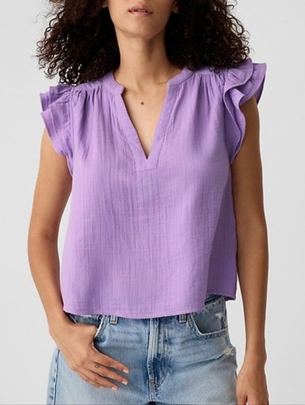 Gap | Gauze Split Neck Flutter Cap Sleeve Blouse Top Lilac Purple Crinkle Ruffle